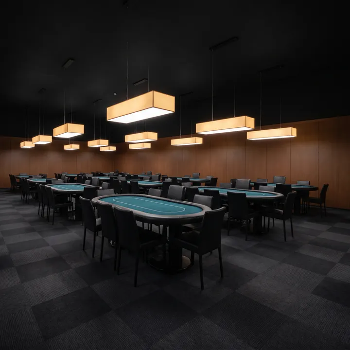 Generated scene: an empty modern poker room with rows of oval tables in teal felt, black chairs and rectangular pendant lights.